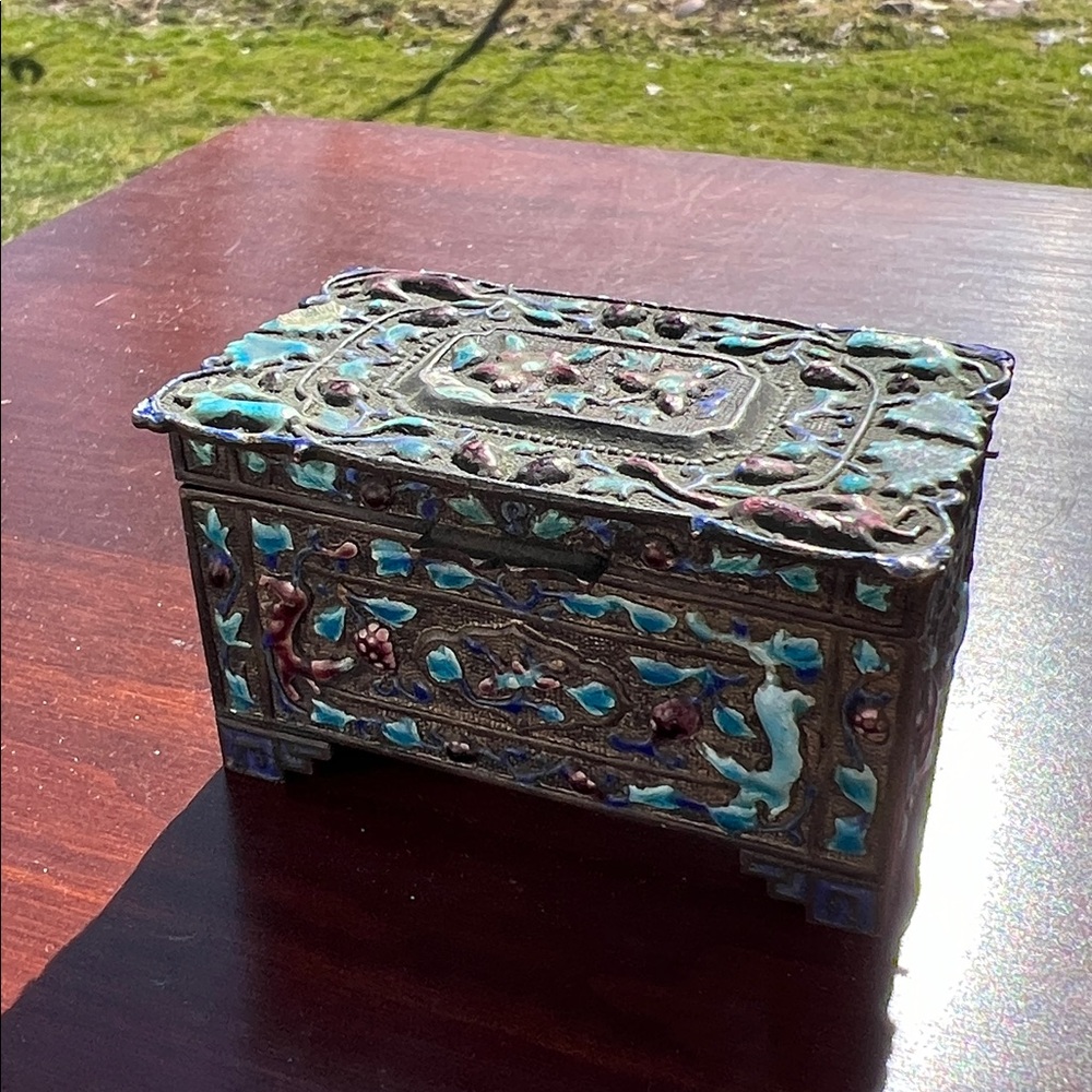 Antique Chinese Silver Plated Blue Purple Enamel Stamp Box Trinket Box - Picture 14 of 17